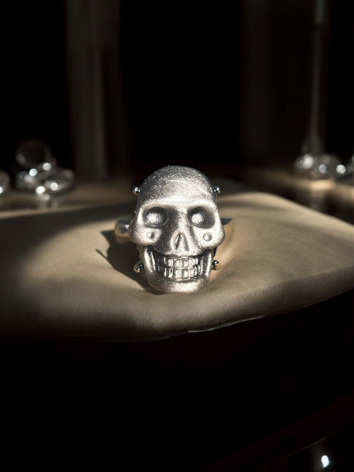 Silver Sheen Obsidian Skull Ring