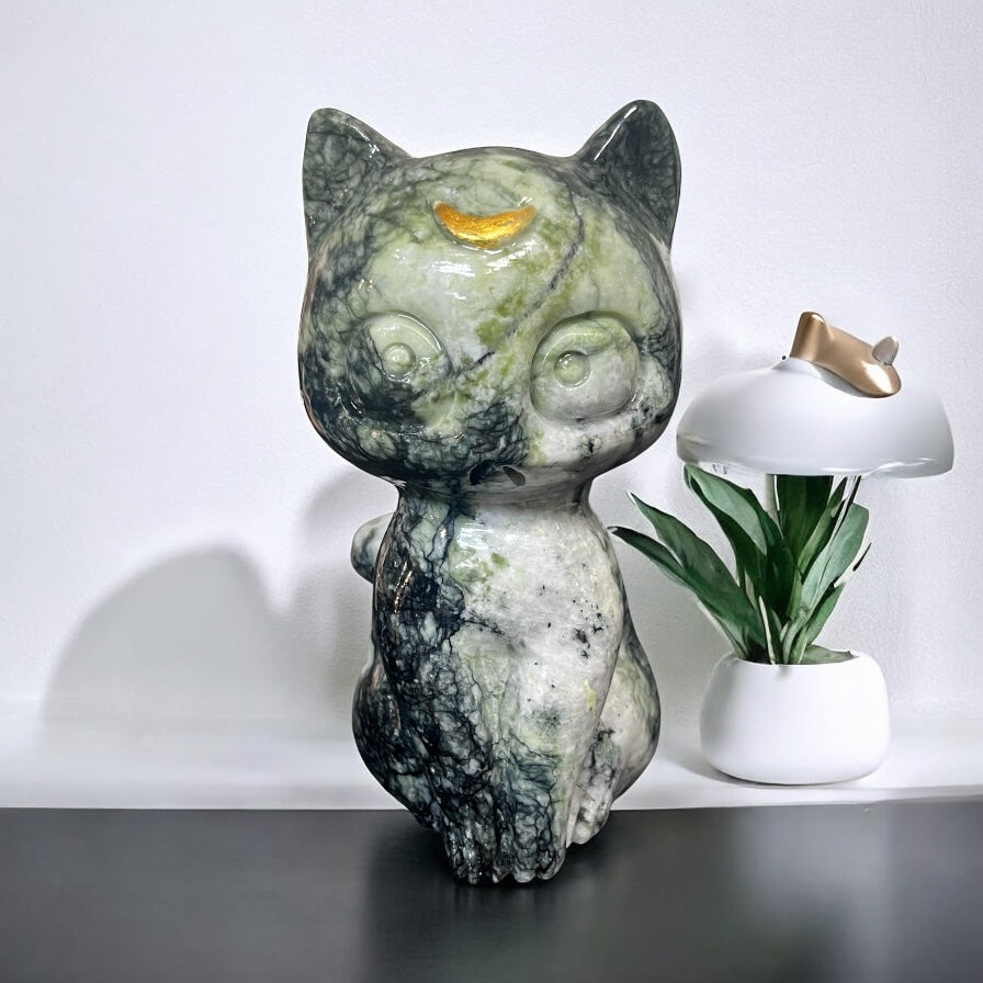 Lunar Crescent Moon Kitty Carving in Jade