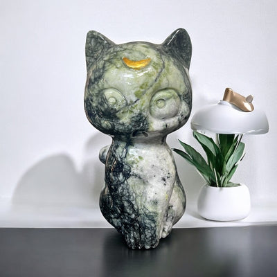 Lunar Crescent Moon Kitty Carving in Jade