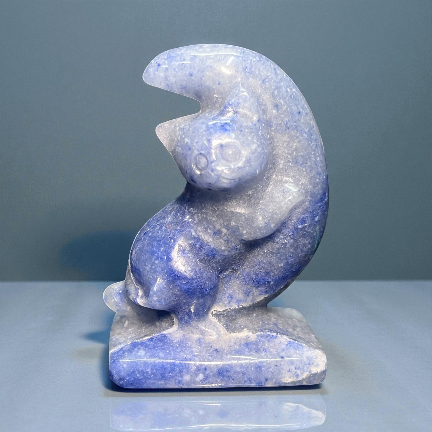 Blue Aventurine Crescent Moon Kitty Carving