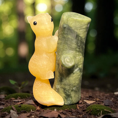 Calcite Squirrel on Jade Tree Carving