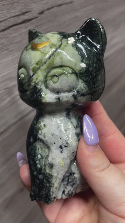 Lunar Crescent Moon Kitty Carving in Jade