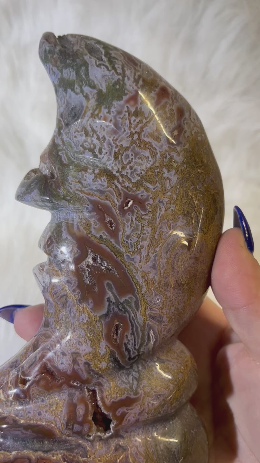 Moss Agate Druzy Moon Face Limited Edition Carving