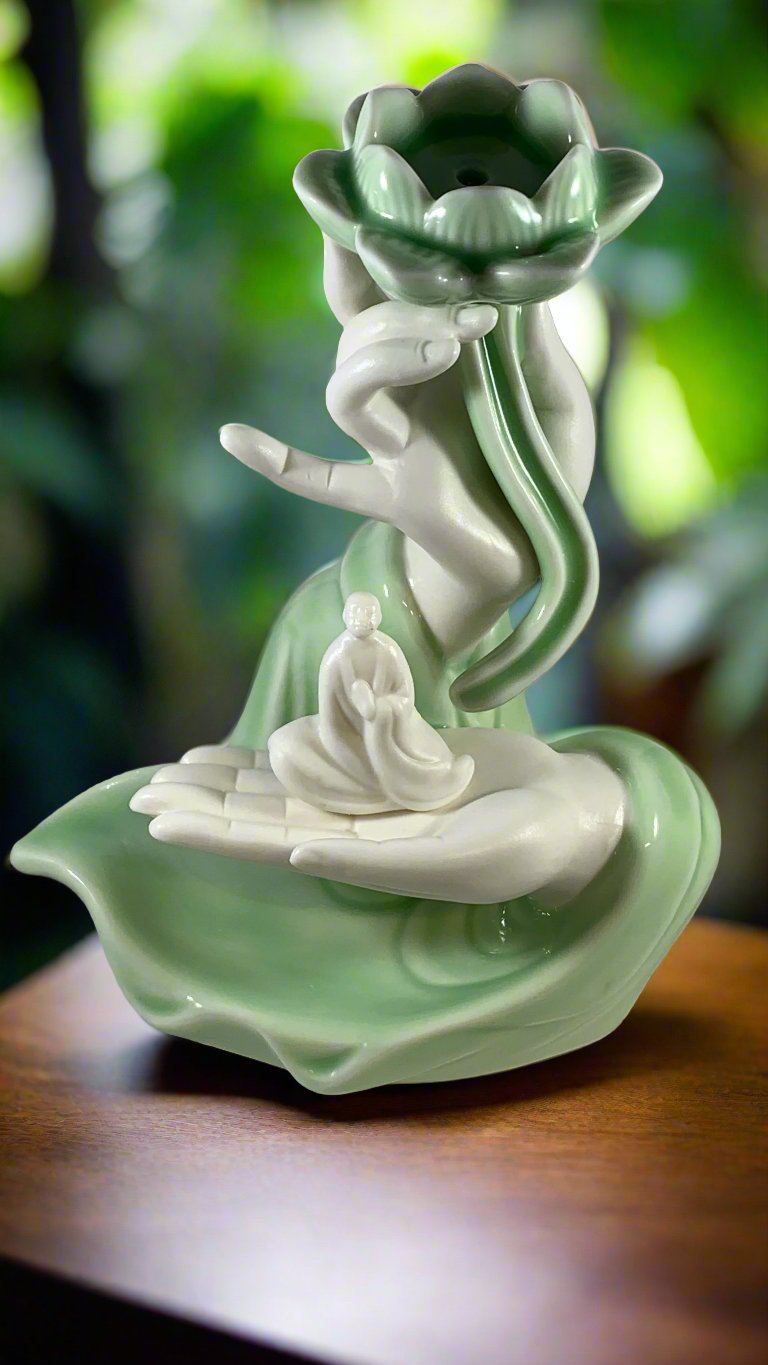 Ceramic Hand Lotus Backflo Incense Burner (Green)