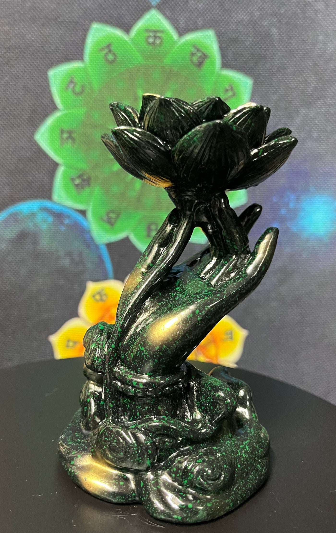 Green and Golden Lotus Hand Sphere Stand