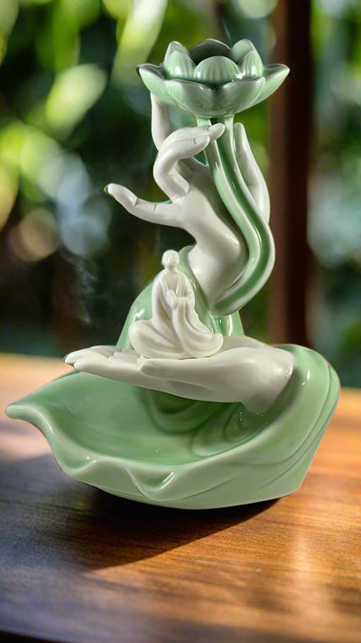 Ceramic Hand Lotus Backflo Incense Burner (Green)