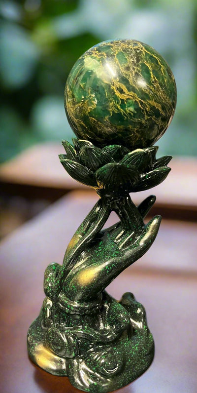 Green and Golden Lotus Hand Sphere Stand